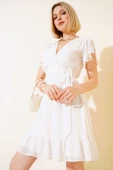 Bel Bağlamalı Kısa Kol Elbise Ekru thumbnail 1