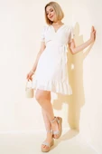 Bel Bağlamalı Kısa Kol Elbise Ekru thumbnail 2