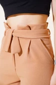 Fırfırlı Kuşaklı Dar Paça Pantolon Camel thumbnail 4