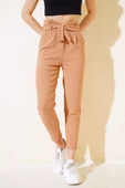 Fırfırlı Kuşaklı Dar Paça Pantolon Camel - 1