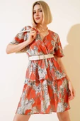Kruvaze Yaka Desenli Saten Elbise Oranj thumbnail 1