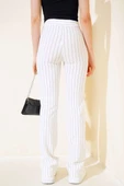 İnce Çizgili İspanyol Paça Pantolon Beyaz thumbnail 3