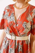 Kruvaze Yaka Desenli Saten Elbise Oranj thumbnail 4