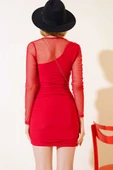 Kolu Tül Detaylı Mini Elbise Kırmızı thumbnail 3