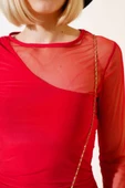 Kolu Tül Detaylı Mini Elbise Kırmızı thumbnail 4