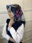 Quare Kristal Eşarp, Yaprak Desenli Kristal Rayon Eşarp 01064  SİYAH YEŞİL - 2