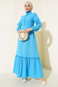Yarım Düğmeli Keten Elbise Mavi thumbnail 1