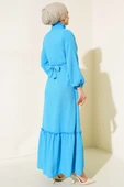 Yarım Düğmeli Keten Elbise Mavi thumbnail 3
