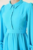 Kuşaklı Gömlek Yaka Elbise Turkuaz thumbnail 4