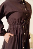 Bel Lastikli Metal Düğmeli Elbise Kahve thumbnail 4