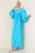 Yakası Bağlamalı Balon Kol Elbise Turkuaz thumbnail 1