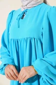 Yakası Bağlamalı Balon Kol Elbise Turkuaz thumbnail 4