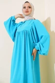 Yakası Bağlamalı Balon Kol Elbise Turkuaz thumbnail 2