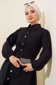 Bel Lastikli Metal Düğmeli Elbise Siyah thumbnail 2