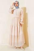 Yarım Düğmeli Petek Dantelli Elbise Bej thumbnail 1