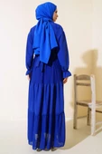Yarım Düğmeli Petek Dantelli Elbise Saks - 3