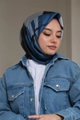 Afvente Kare-Çizgili Desen Mavi Pamuk Eşarp - 2