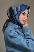 Afvente Kare-Çizgili Desen Mavi Pamuk Eşarp - 3