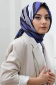 Afvente Çizgili Desen Mavi Pamuk Eşarp thumbnail 1