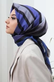 Afvente Çizgili Desen Mavi Pamuk Eşarp thumbnail 2