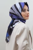 Afvente Çizgili Desen Mavi Pamuk Eşarp thumbnail 3