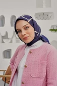 Afvente Geometrik Desen Koyu Mavi Soft Pamuk Eşarp - 3