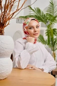 Afvente Yaprak Desen Kırmızı Soft Pamuk Eşarp - 1