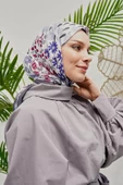 Afvente Çiçek Desen Koyu Gri Soft Pamuk Eşarp - 3