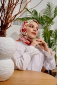 Afvente Yaprak Desen Kırmızı Soft Pamuk Eşarp - 2