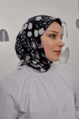 Afvente Çiçek Desen Siyah Soft Pamuk Eşarp - 2