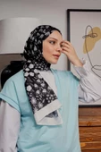 Afvente Çiçek Desen Siyah Soft Pamuk Şal - 1