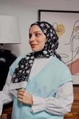 Afvente Çiçek Desen Siyah Soft Pamuk Şal - 4