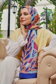 Afvente Tropikal Yaprak Desen Mavi Soft Pamuk Şal thumbnail 1