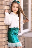 Kız Çocuk Kol Uçları ve Etek Uçu Kırçıllı Pulpaytet Detaylı Yeşil Etekli Takım thumbnail 6