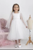 Minimony 5-9 Yaş Pelerin Kol Detaylı Kız Çocuk Tam Boy Elbise Bayramlık Mezuniyet Balo Abiye Gelinlik 5004 - 1
