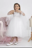 Minimony 5-9 Yaş Pelerin Kol Detaylı Kız Çocuk Tam Boy Elbise Bayramlık Mezuniyet Balo Abiye Gelinlik 5004 - 4
