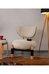TurkishTouch Modern Berjer Krem Teddy Kumaş Bohem Ahşap Ayak Siyah Metal Gövde Tekli Koltuk Salon Genç Odası Ofis - 1
