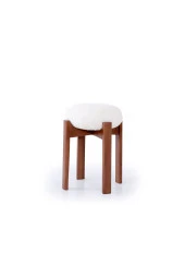 TurkishTouch Puf Beyaz Teddy Kumaş Ceviz Renkli Ahşap Ayaklı Dekoratif Modern Oturma Odası Makyaj Masası Mutfak - 2