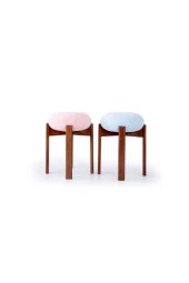 TurkishTouch Puf Mavi Teddy Kumaş Ceviz Renkli Ahşap Ayaklı Dekoratif Modern Oturma Odası Makyaj Masası Mutfak - 4