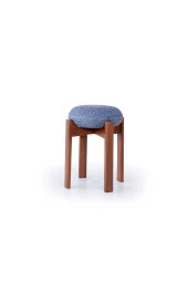 TurkishTouch Puf Mavi Kumaş Ceviz Renkli Ahşap Ayaklı Dekoratif Modern Oturma Odası Makyaj Masası Mutfak Balkon - 2