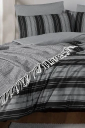 MyStory Home Lastikli Çarşaflı Tek Kişilik Nevresim Takımı Çizgili Siyah - 2