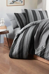 MyStory Home Lastikli Çarşaflı Tek Kişilik Nevresim Takımı Çizgili Siyah - 3