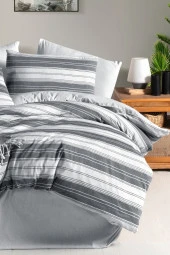 MyStory Home Lastikli Çarşaflı Tek Kişilik Nevresim Takımı Çizgili GRİ - 4