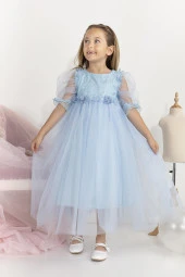 Minimony 5-9 Yaş Balon Kol Kız Çocuk Elbise Bayramlık Mezuniyet Balo Abiye Gelinlik 5006 - 1