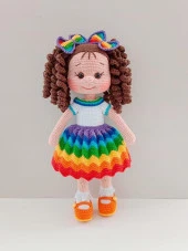 Gökkuşağı Kıvırcık Saçlı Turuncu Ayakkabılı Karnaval Bebek Amigurumi Organik Oyuncak - 1