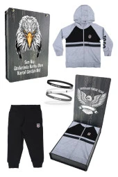 Beşiktaş Orijinal Çocuk Kapüşonlu Eşofman Takımı + Bileklik Set Hediyelik Ahşap Kutulu - 1