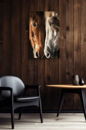 Kahverengi ve Beyaz At Kafa Kafaya Yağlı Kanvas Tablo thumbnail 3