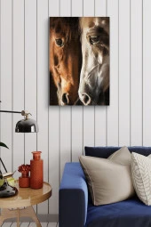 Kahverengi ve Beyaz At Kafa Kafaya Yağlı Kanvas Tablo thumbnail 7