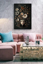 Yüz Görünümlü Kupa ve Çiçekler Yağlı Kanvas Tablo thumbnail 7