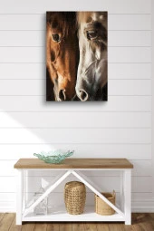 Kahverengi ve Beyaz At Kafa Kafaya Yağlı Kanvas Tablo thumbnail 5